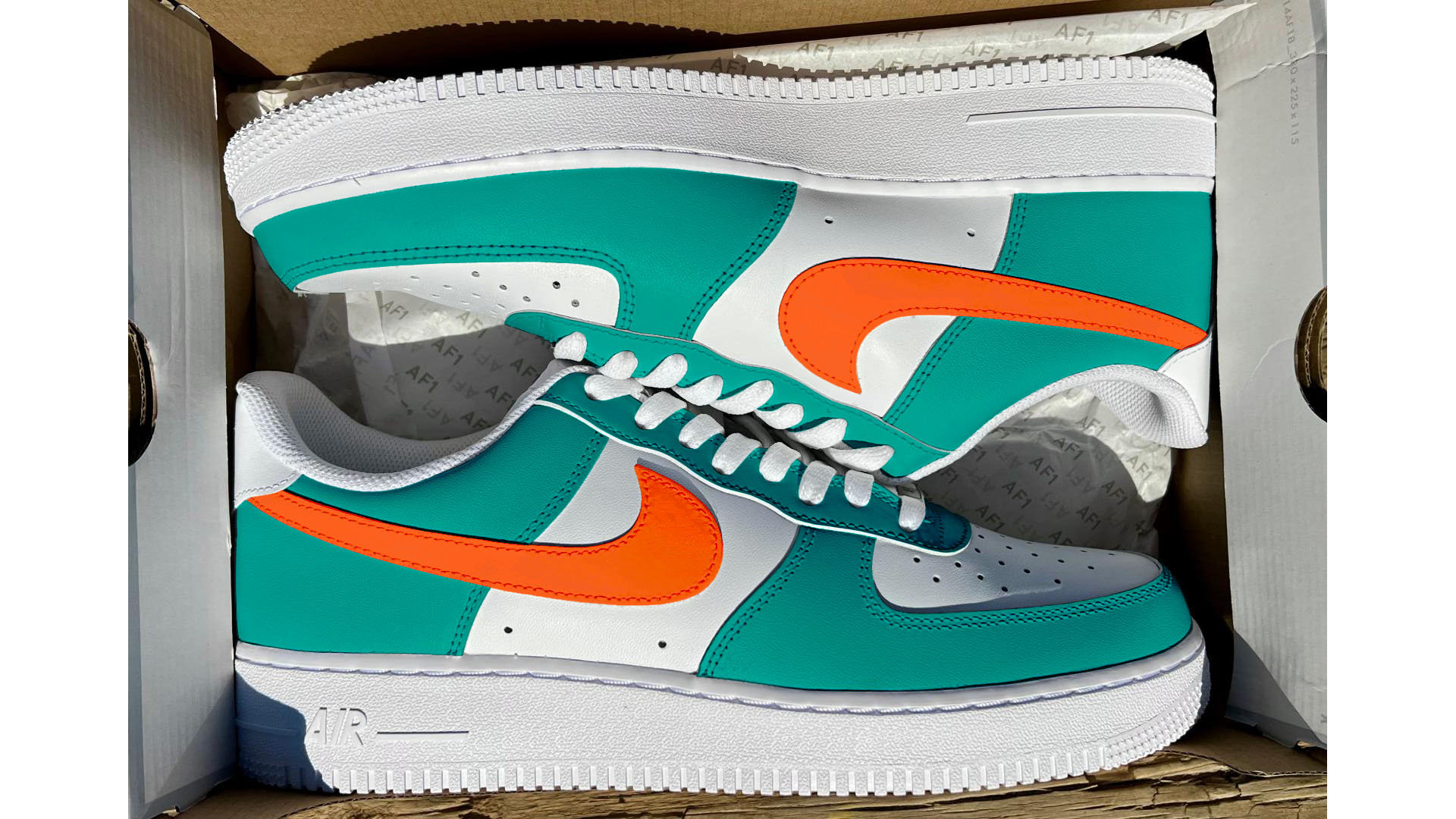 Custom MIA Aqua & Orange Air Force 1 display picture 2