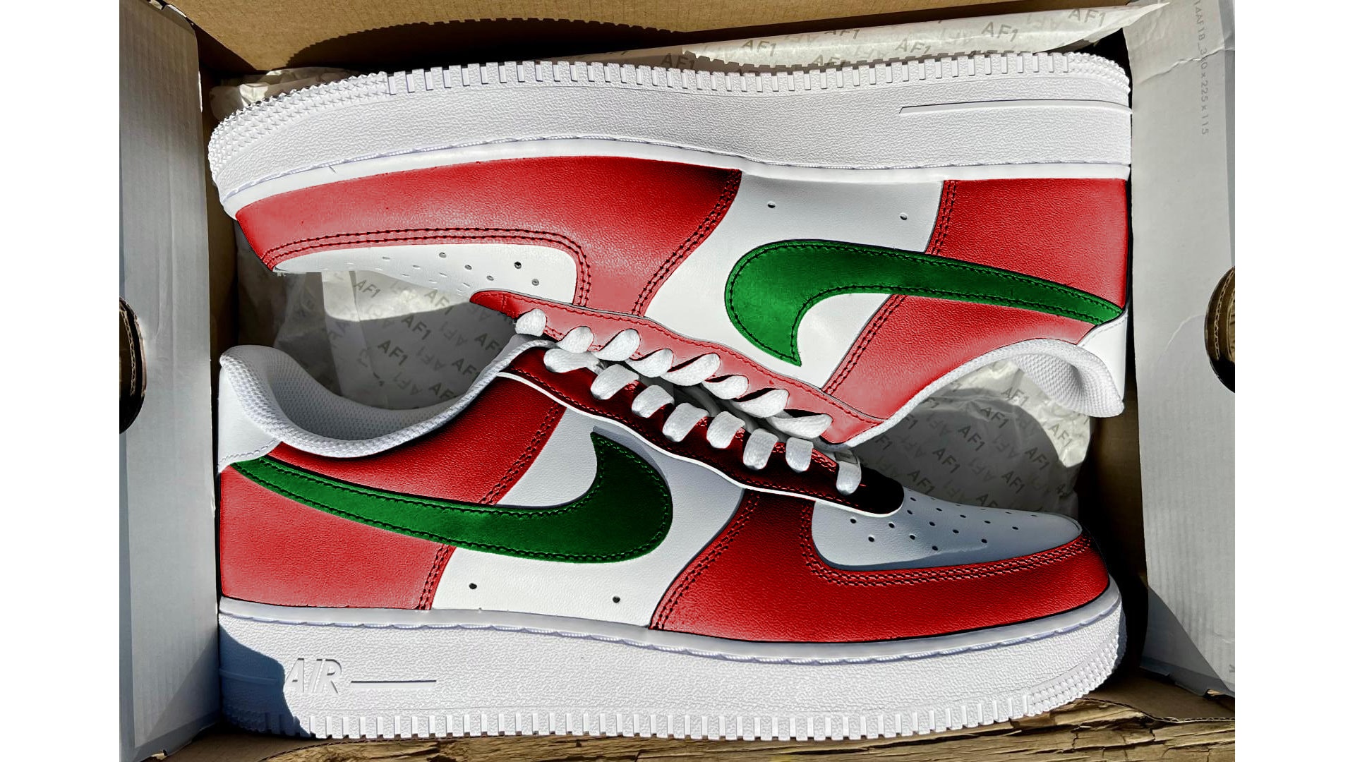 Custom Red & Green Air Force 1 display picture 2