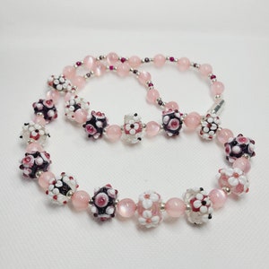Handmade Lampwork Glass Bead Necklace: Pink Floral Jewelry (56cm)