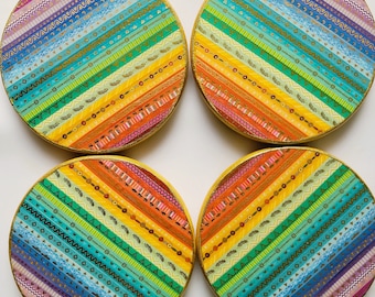 Coaster Set Handmade Wood Drink Coasters Rainbow Kawaii Animal Designs