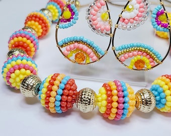 Colorful Beaded Necklace and Earrings Set: Plastic Metal Bead Jewelry