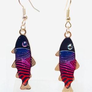 Very unique metal fish earrings, coloreful, one of a kind, on gold plated hooks