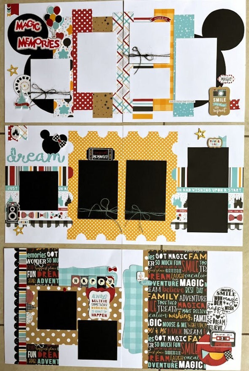 May include: Scrapbook pages with a Disney theme. The pages feature black photo mats, decorative paper with polka dots, stripes, and Mickey Mouse silhouettes. Text includes "Magic Memories", "Dream", and "Smile".
