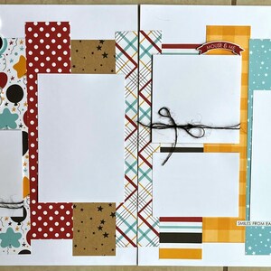 May include: A scrapbook layout with a Disney theme. The design features Mickey Mouse ears, photo spaces, and decorative elements like balloons, stars, and patterned paper in red, black, yellow, and blue. Text includes "Magic Memories" and "Smile, laugh, and repeat."