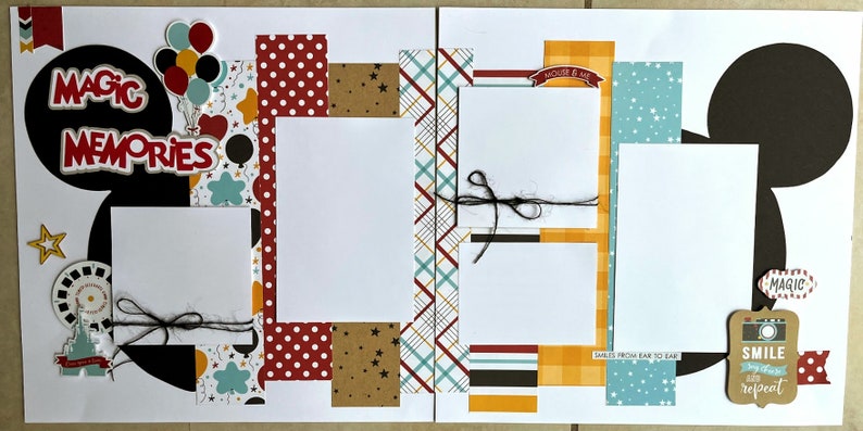 May include: A scrapbook layout with a Disney theme. The design features Mickey Mouse ears, photo spaces, and decorative elements like balloons, stars, and patterned paper in red, black, yellow, and blue. Text includes "Magic Memories" and "Smile, laugh, and repeat."
