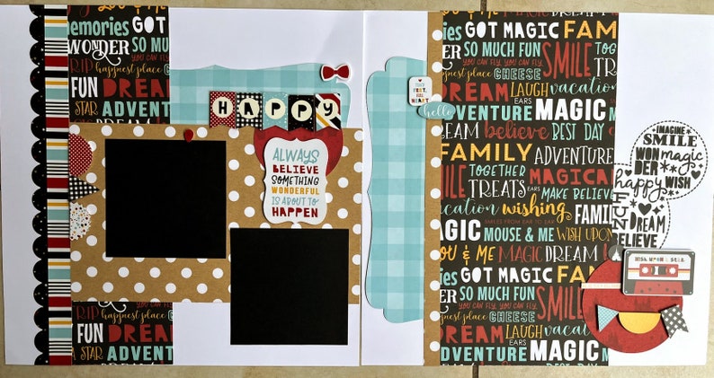 May include: A scrapbook layout with a polka dot background, featuring the word "HAPPY" and the phrase "ALWAYS BELIEVE SOMETHING WONDERFUL IS ABOUT TO HAPPEN." Decorative elements include a cassette tape and various word art designs.