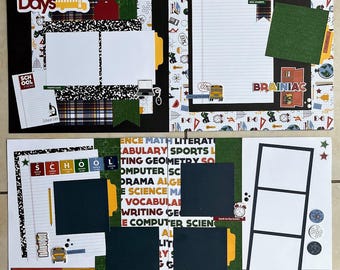 Puede incluir: Un diseño de álbum de recortes con un patrón de cuadros blanco y negro, acentos verdes y amarillos, y las palabras "School Days" en una fuente colorida. El diseño incluye varios espacios para fotos, una tarjeta de título y elementos decorativos.