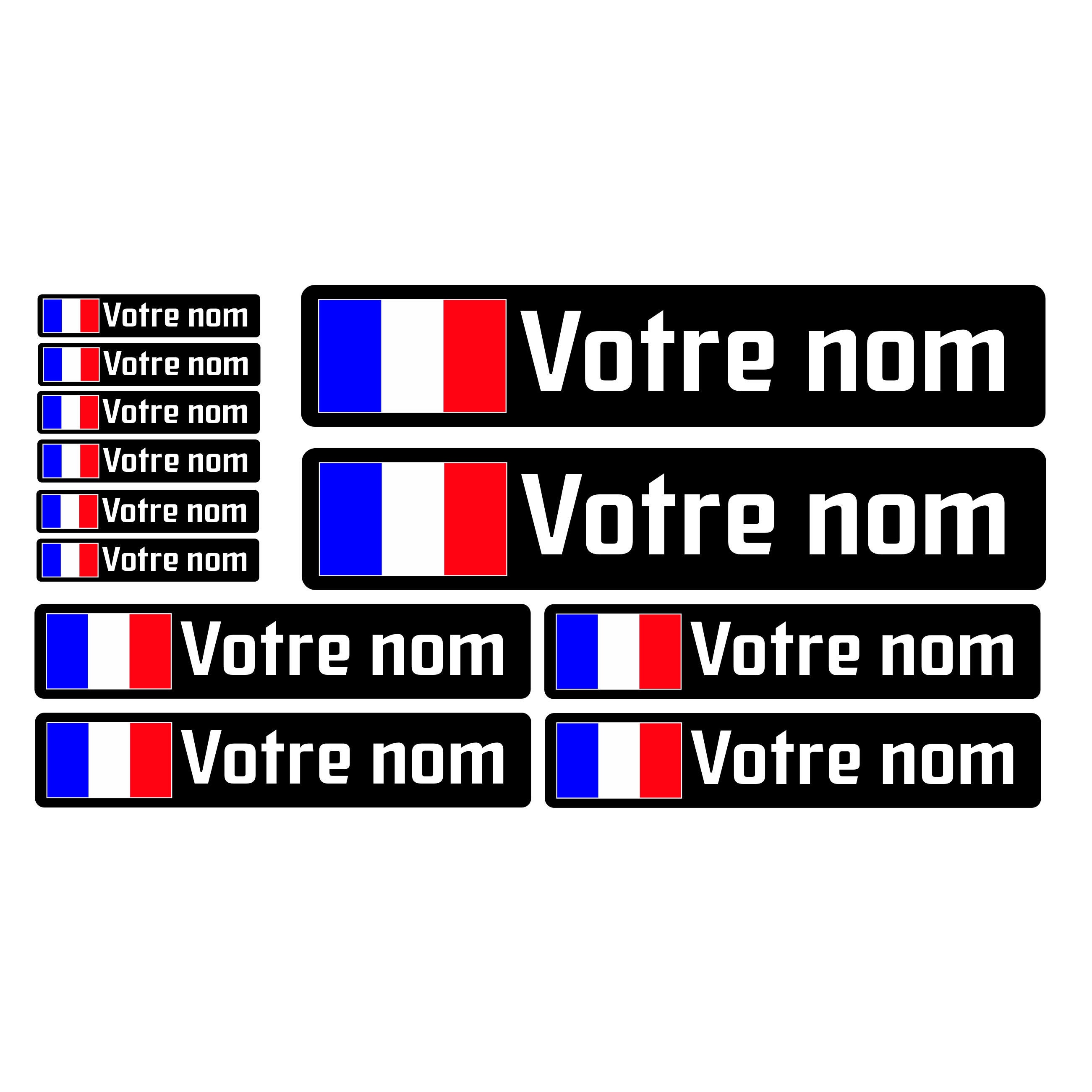 CrisPhy Autocollants X10 En Vinyle Avec Drapeau France Votre Nom - Vélo, Casque, Pelle à Roue, Planches à Roulettes, Voiture, Moto, Etc. Kit De 10 Vinyle (Font Pack 1