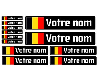 Pack x12 Stickers Autocollants prénom vélo VTT Belgique belge noir drapeau casque personnalisé haute qualité livraison rapide