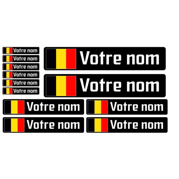Pack x12 Stickers Autocollants prénom vélo VTT Belgique belge noir drapeau casque personnalisé haute qualité livraison rapide