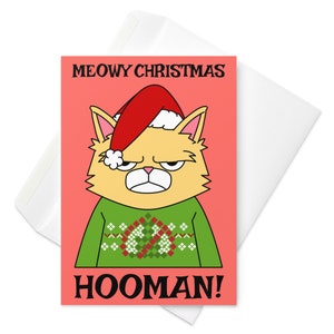 Joyeux Noël Hooman Card pour vétérinaires, amoureux des animaux et propriétaires de chats, drôle de carte de voeux de vacances - carte Grumpy Floof Moody Cat