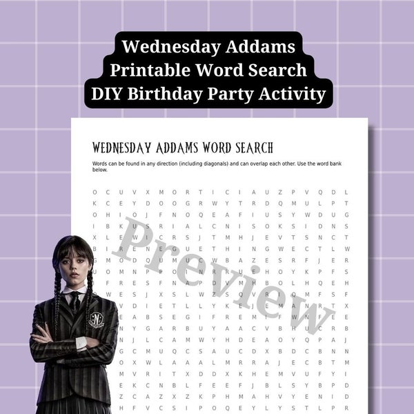 Wednesday Printable Word Search DIY Birthday Party Activity Sheet - Supplies Template Instant Download Gothic Mystery Theme