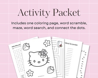 Strawberry Cat Activity Packet - Printable Downloadable - Party Favor - Coloring Page, Maze, Word Search, Word Scramble, Connect the Dots