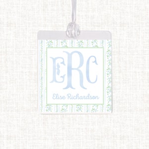 Étiquette de sac florale monogramme aquarelle personnalisée | Etiquette à bagage plastifiée pour fille |Etiquette pour sac à langer vichy | Étiquette de sac de plage | Étiquette à sac floral Liberty
