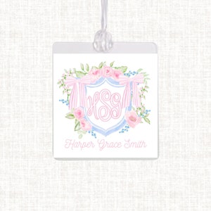 Étiquette de sac florale monogramme aquarelle personnalisée | Etiquette à bagage plastifiée pour fille |Etiquette pour sac à langer vichy | Étiquette de sac de plage | Étiquette à sac floral Liberty
