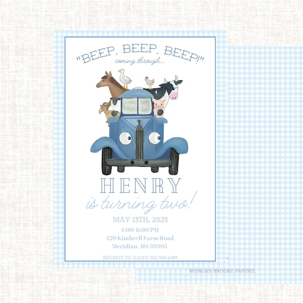 Watercolor Little Blue Truck Birthday Invitation | Boy Farm Birthday Party Invite | Editable Watercolor Farm Party Invite | Boy Second