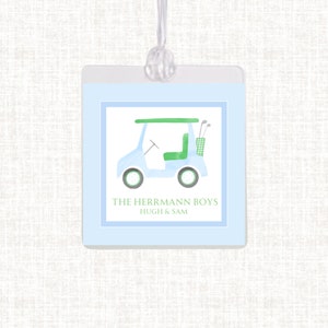 Etiqueta de bolsa de golf de acuarela personalizada / Etiqueta de equipaje de niño laminado / Etiqueta de bolsa de pañales Gingham / Etiqueta de bolsa de playa /
