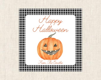 Happy Halloween | Black Gingham Jack-O-Lantern Gift Tag| Watercolor Printable Halloween