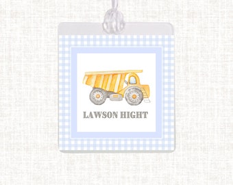 Personalized Watercolor Construction Bag Tag | Laminated Boy Luggage Tag | Gingham Diaper Bag Tag | Beach Bag Tag |