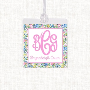Étiquette de sac florale monogramme aquarelle personnalisée | Étiquette de bagage plastifiée pour fille |Étiquette de sac à langer vichy | Étiquette de sac de plage | Étiquette à sac floral Liberty