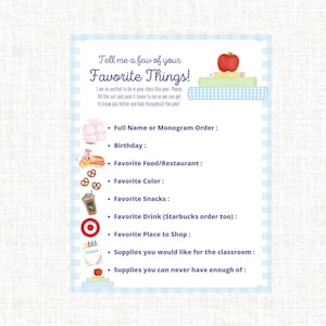Printable Teacher Questionnaire| Getting to Know You Questionnaire| Getting to Know You Printable| Teachers Favorite Things | Back to School