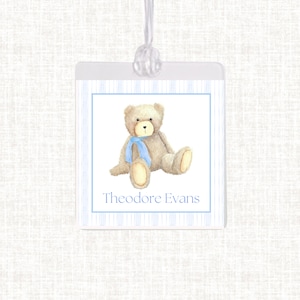 Personalized Watercolor Teddy Bear Bag Tag | Laminated Boy Luggage Tag | Gingham Diaper Bag Tag | Beach Bag Tag |