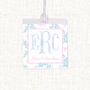 Étiquette de sac floral monogramme aquarelle personnalisée | Étiquette de bagage plastifiée pour fille | Étiquette de sac à langer Vichy | Étiquette de sac de plage | Étiquette de sac à fleurs Liberty