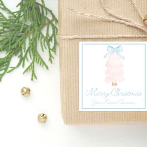 Personalized Watercolor Christmas Gift Sticker or Card | Christmas tree Enclosure Card | Square Gift Tag and Stickers | Pink Christmas