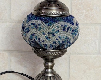 New Hand Made Mosaic Turkish Moroccan Light Baby Clear Dark Navy Sky Blue Accent Lamp Hand Made in Turkey Cut Glass Bead free shipping