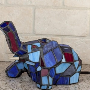 Very Good Condition Tiffany Style Elephant Trunk Red Navy Blue Night Light Table Accent Lamp Tiffany Style Accent Lamp Free Shipping