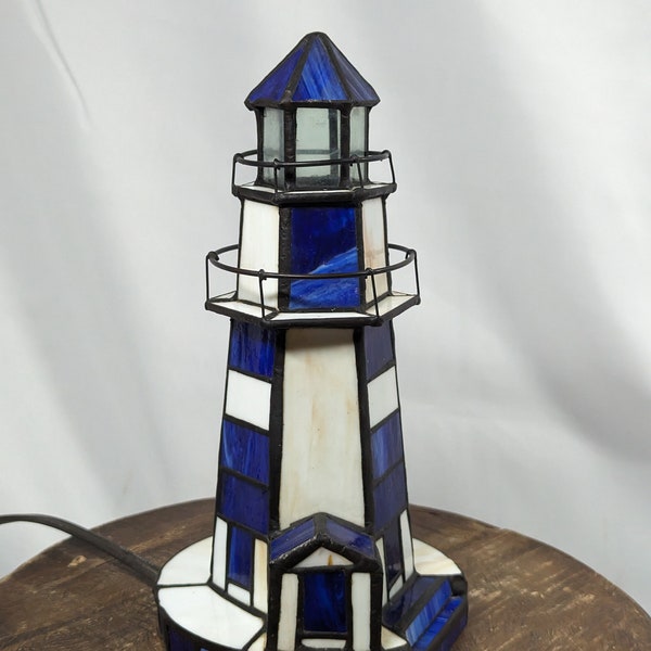 Excellent Condition Tiffany Style light House Blue White Black Clear Beach Tower Building Free Shipping