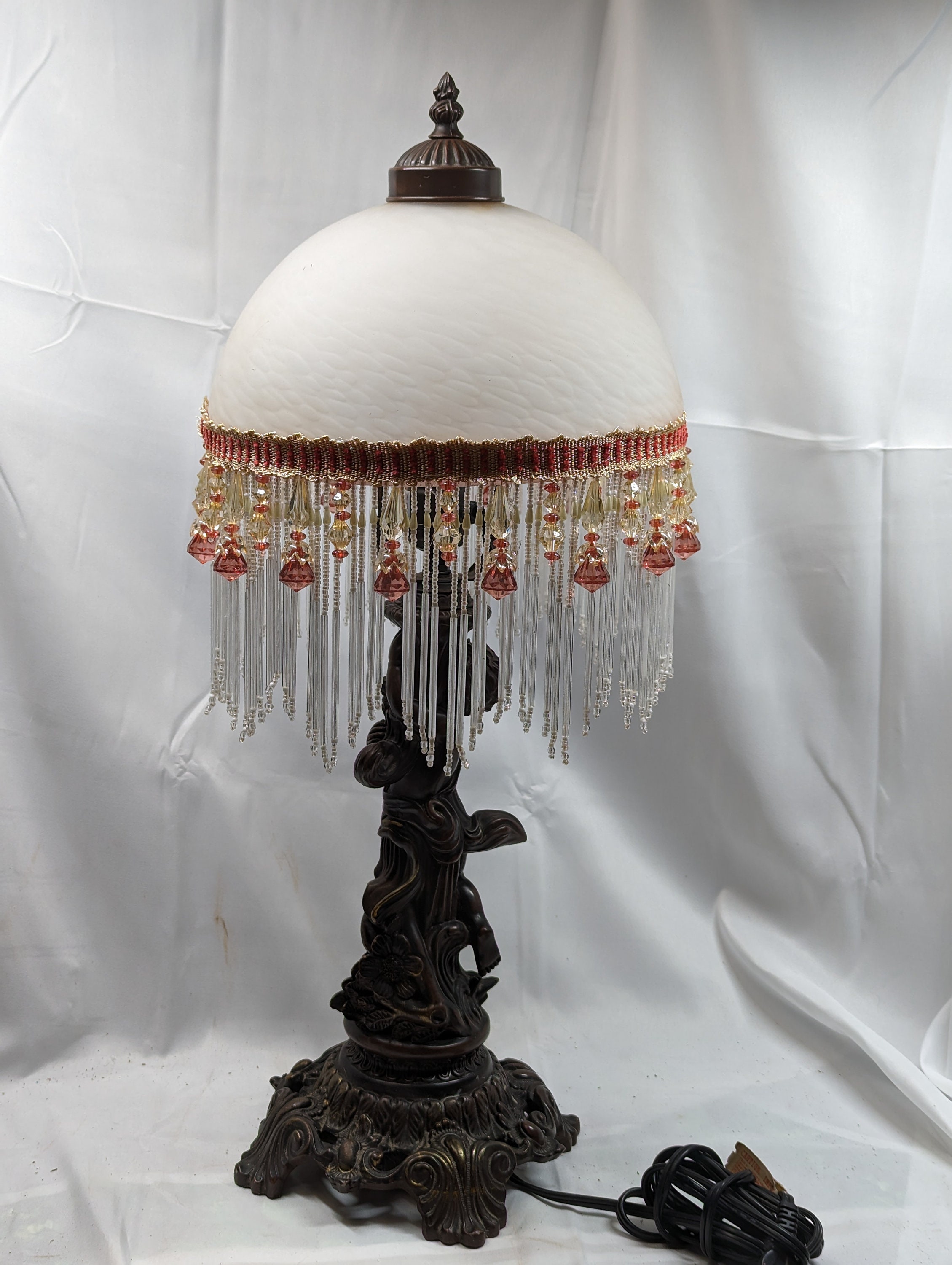 Vintage Lamp With Hanging Crystals, Glass Globes, Crystal Drop