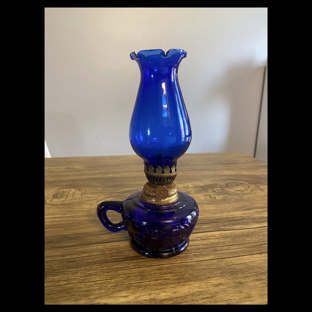 Vintage 50s Antique Cobalt Blue Glass Kerosene Oil Finger Lamp Etsy