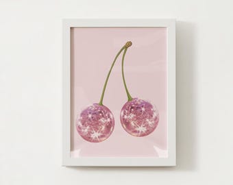 Disco Cherries Print, Trendy Wall Art, Digital Download, Disco Ball Print, Preppy Room Decor, Cherry Disco Balls Poster, Cherry Art Print