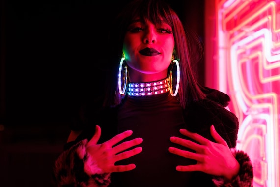LED Sound Reactive Hoop Earrings / Optional Matching Choker Necklace, Rave Cosplay Festival Costume, EDC, Burning Man, Drag Performance