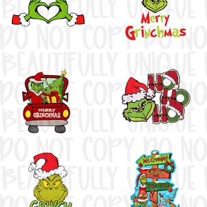 May include: A set of five digital images featuring the Grinch from the popular Christmas story "How the Grinch Stole Christmas". The images include the Grinch with a heart-shaped hand gesture, the Grinch in a Santa hat with the text "Merry Grinchmas", the Grinch in a red car with the text "Merry Grinchmas", the Grinch with the text "Ho Ho Ho", and the Grinch with a signpost that reads "Mr. Crumpit, Grinch Road, Who-ville".