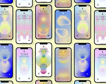 Descarga digital Paquete de 8 wallpapers para celular, gradientes coloridos de formas suaves, energía