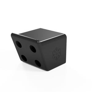 May include: Black plastic corner bracket with four holes and a logo on the side.