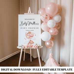 Cartello baby shower orso rosa / Modello digitale / Modello baby shower bambina / Decorazione baby shower / Modello poster baby shower / Decorazione fai da te