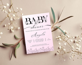 Customizable Pink Baby Shower Invitation Template |Digital Download |Editable Design | Baby Shower Invitation | Canva Template | Printable
