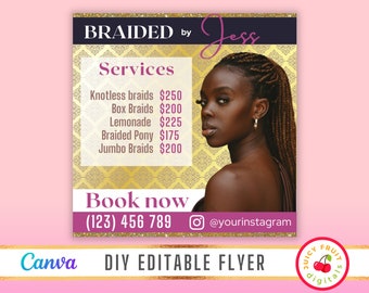 DIY Elegant Hair Braiding flyer - Braids hair salon flyer - Hair stylist braiding flyers - Braiding Hair Extensions flyer - Gold - Canva