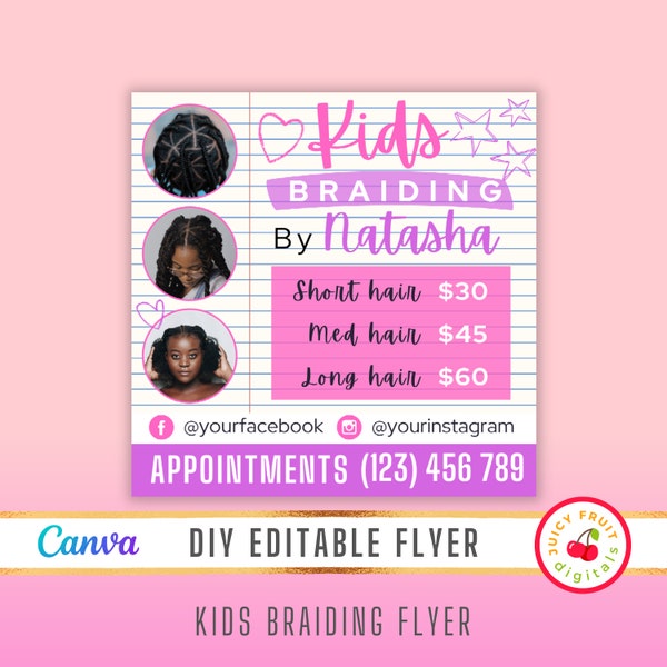 Kids Hair Braiding flyer - DIY Braids hair salon flyer - Hair stylist braiding flyers - Braiding Hair Extensions flyer for children - Canva