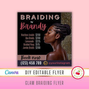 DIY Glam Hair Braiding flyer - Braids hair salon flyer - Hair stylist braiding flyers - Braiding Hair Extensions flyer - Black gold - Canva