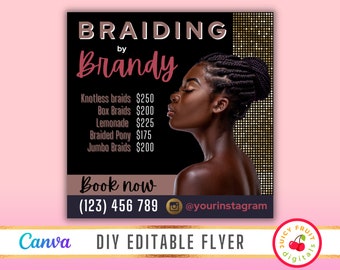 DIY Glam Hair Braiding flyer - Braids hair salon flyer - Hair stylist braiding flyers - Braiding Hair Extensions flyer - Black gold - Canva