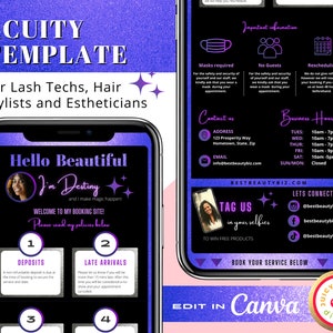 Op de afbeelding: Een paars-zwart mobiel telefoonscherm met een sjabloon voor een online boekingssysteem. Het sjabloon bevat een foto van een vrouw met de tekst "Hello Beautiful I'm Destiny and I make magic happen!" Het sjabloon bevat ook secties voor aanbetalingen, late aankomsten, contactgegevens, openingstijden en een call-to-action om een service te boeken. De tekst "Edit in Canva" wordt onderaan het scherm weergegeven.