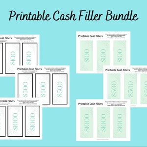 May include: Printable cash filler bundle with three different denominations: $100, $500, and $1000. Each denomination has three printable cash fillers with a light green background and a white speckled pattern.