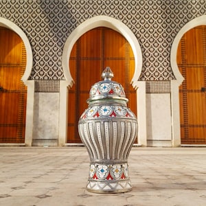 Moroccan Ceramic Vase with Silver Nickel Inlays-Handcrafted Pottery Jar-Silver Studs-Interior Decorations-Clay Pot-Silver Inlaid Jar