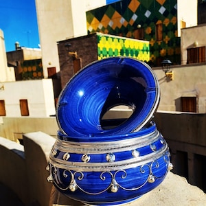 Unique large Moroccan Ceramic Ashtray Inlaid With Nickel Silver-Huge Pottery Ashtray-Home Decor-Gift Idea-Blue Ashtray-Handmade Clay Ashtray