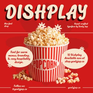 YJ Dishplay – Carattere tipografico retrò per alimenti, carattere audace per menu di caffè e ristoranti, carattere tipografico accogliente per il branding nel settore dell'ospitalità, carattere tipografico confortevole per l'esposizione di packaging.