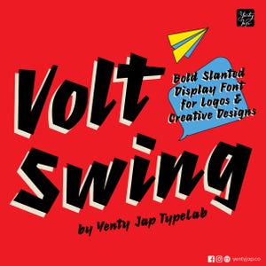 May include: A red background with the words "Volt Swing" in large, bold, black, slanted letters with white outlines. A blue speech bubble contains the text "Bold Slanted Display Font For Logos & Creative Designs". A yellow and blue paper airplane is in the upper right.